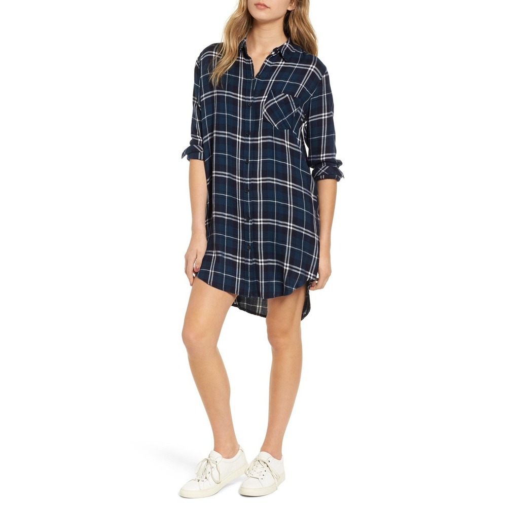 Rails Bianca Plaid Shirt Dress Navy Teal White Rayon Long Sleeve Small